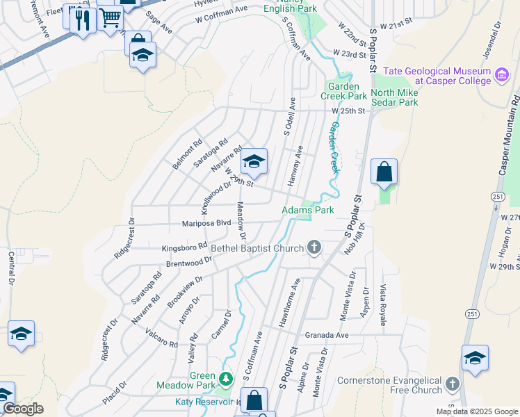 map of restaurants, bars, coffee shops, grocery stores, and more near 1521 West Odell Avenue in Casper