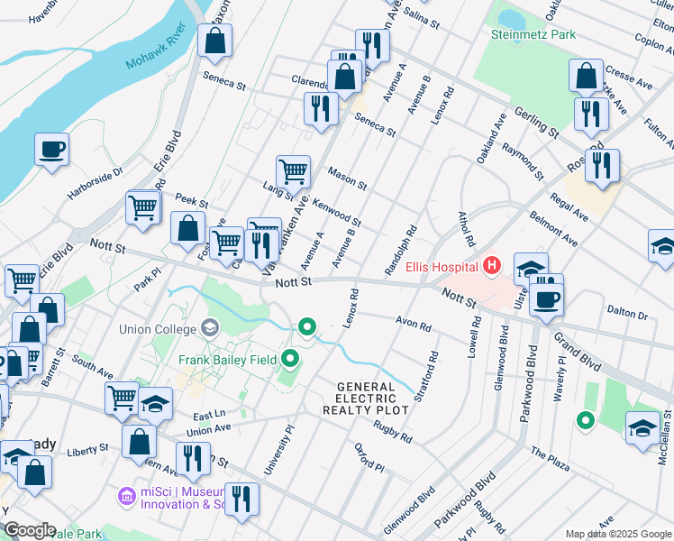 map of restaurants, bars, coffee shops, grocery stores, and more near 909 Nott Street in Schenectady
