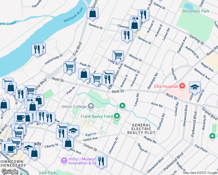 map of restaurants, bars, coffee shops, grocery stores, and more near in Schenectady