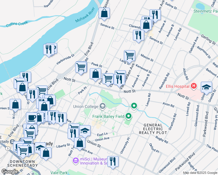map of restaurants, bars, coffee shops, grocery stores, and more near 557 Nott Street in Schenectady