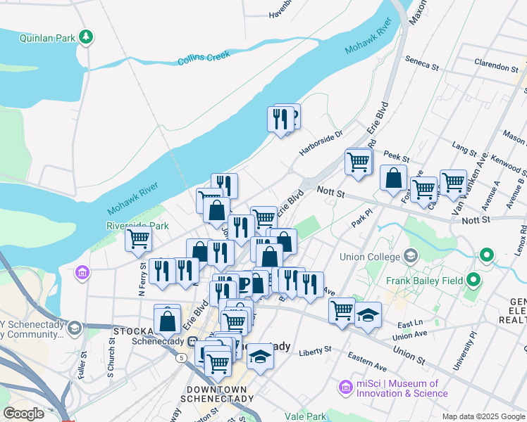map of restaurants, bars, coffee shops, grocery stores, and more near 1435 Erie Boulevard in Schenectady