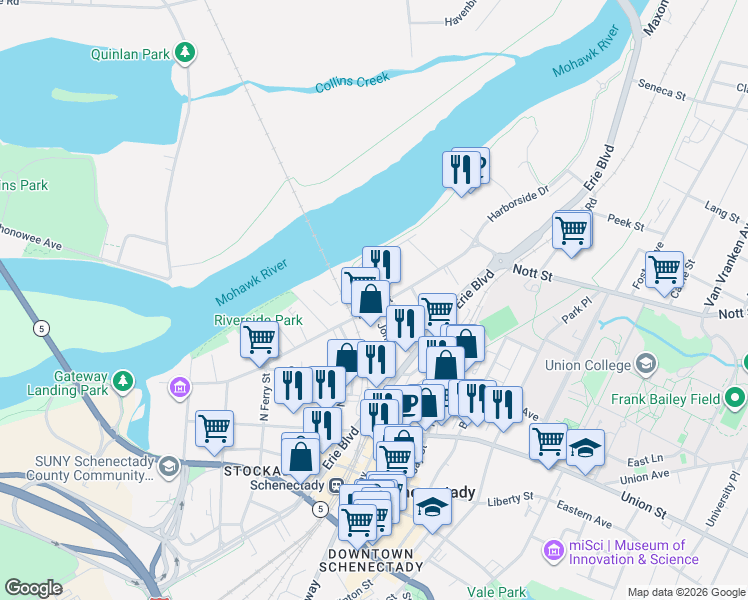 map of restaurants, bars, coffee shops, grocery stores, and more near 6 River Street in Schenectady