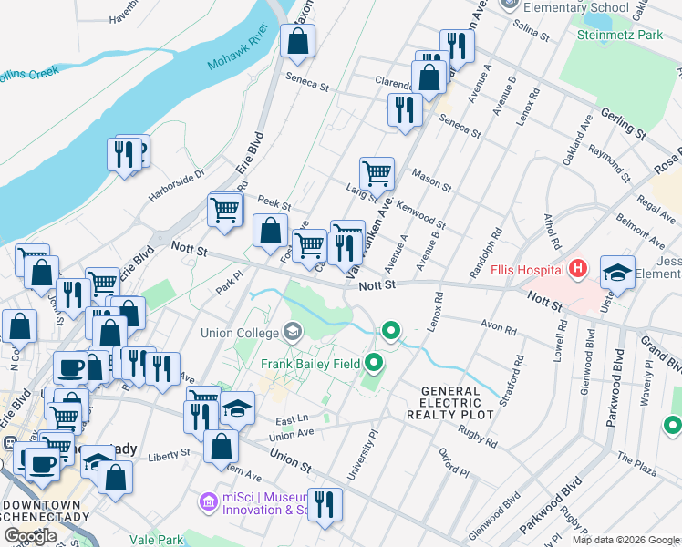 map of restaurants, bars, coffee shops, grocery stores, and more near 1509 Van Vranken Avenue in Schenectady