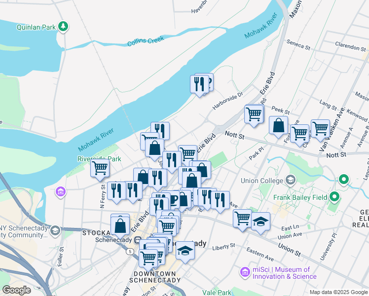 map of restaurants, bars, coffee shops, grocery stores, and more near 308 Front Street in Schenectady