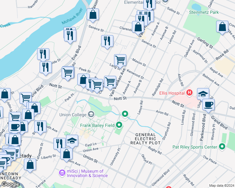 map of restaurants, bars, coffee shops, grocery stores, and more near 714 Hattie Street in Schenectady