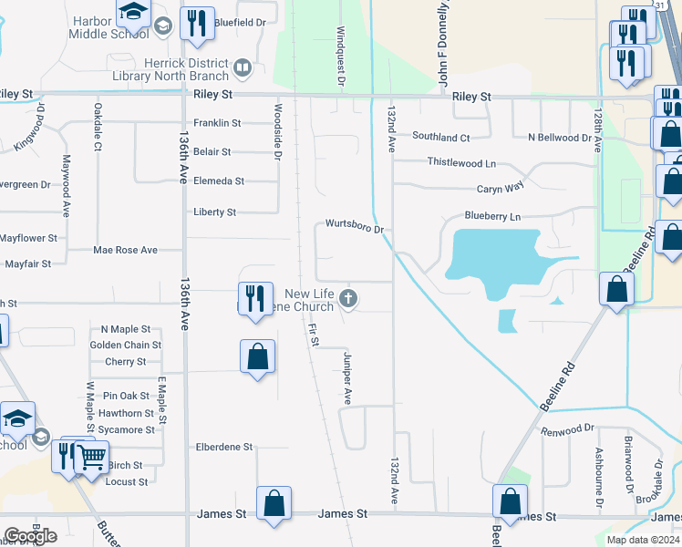 map of restaurants, bars, coffee shops, grocery stores, and more near 13299 Pine Oak Drive in Holland