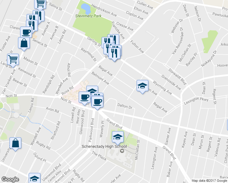 map of restaurants, bars, coffee shops, grocery stores, and more near 1384 Belmont Avenue in Schenectady