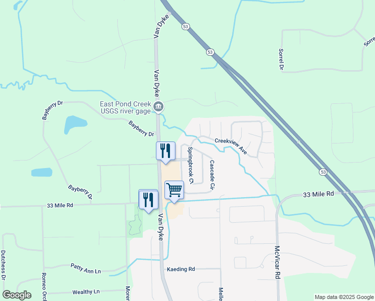 map of restaurants, bars, coffee shops, grocery stores, and more near 11906 Springbrook Court in Macomb County