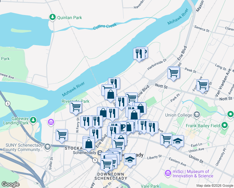 map of restaurants, bars, coffee shops, grocery stores, and more near Front Street & Jefferson Street in Schenectady