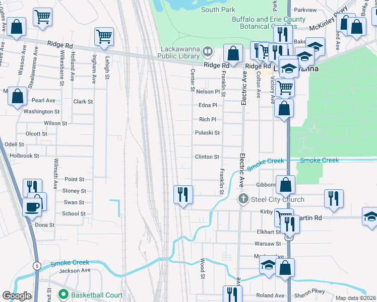 map of restaurants, bars, coffee shops, grocery stores, and more near 195 Center Street in Buffalo