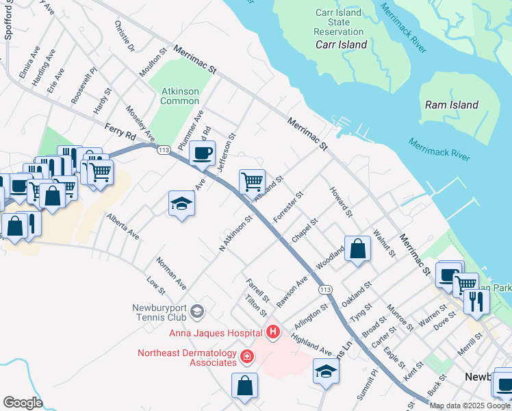 map of restaurants, bars, coffee shops, grocery stores, and more near 332 High Street in Newburyport