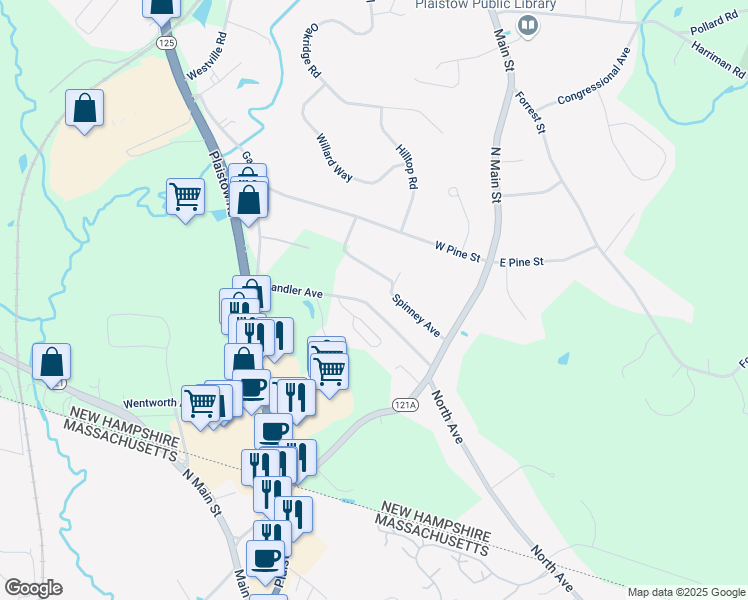 map of restaurants, bars, coffee shops, grocery stores, and more near 17 Chandler Avenue in Plaistow