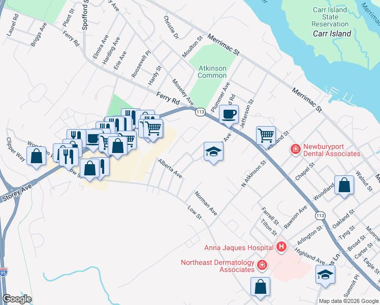 map of restaurants, bars, coffee shops, grocery stores, and more near 6 Iona Avenue in Newburyport
