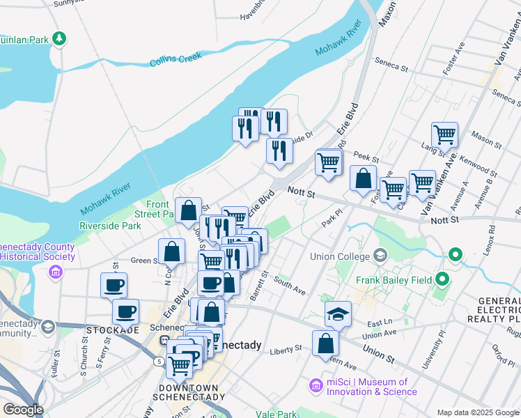 map of restaurants, bars, coffee shops, grocery stores, and more near 1482 Erie Boulevard in Schenectady