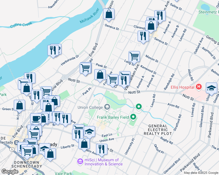 map of restaurants, bars, coffee shops, grocery stores, and more near 557 Nott Street in Schenectady