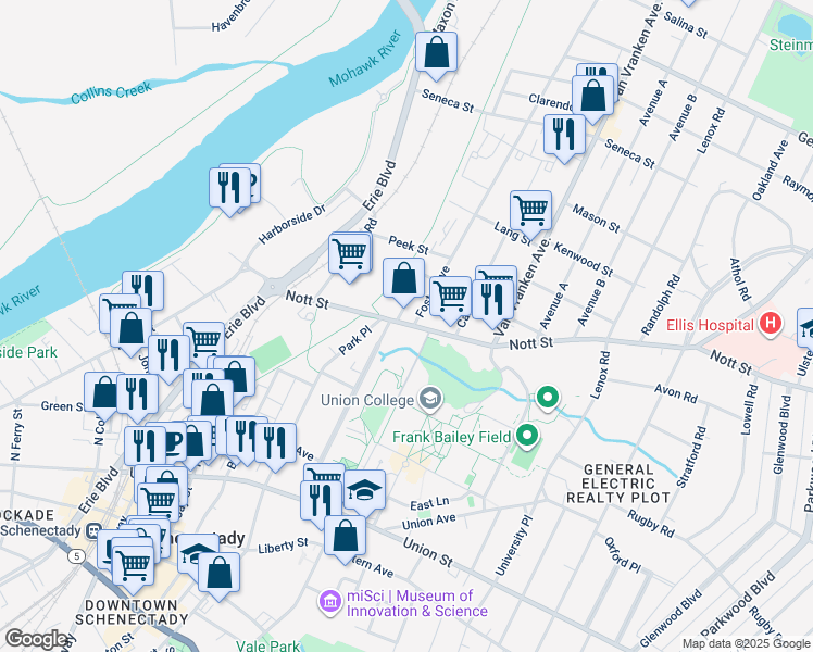 map of restaurants, bars, coffee shops, grocery stores, and more near 509 Nott Street in Schenectady
