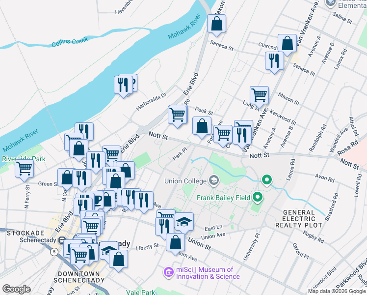 map of restaurants, bars, coffee shops, grocery stores, and more near 253 Park Place in Schenectady
