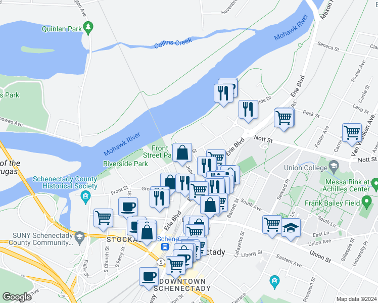 map of restaurants, bars, coffee shops, grocery stores, and more near 6 River Street in Schenectady