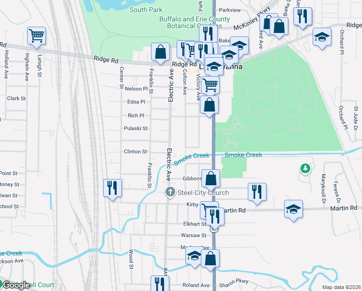 map of restaurants, bars, coffee shops, grocery stores, and more near 191 Colton Avenue in Lackawanna