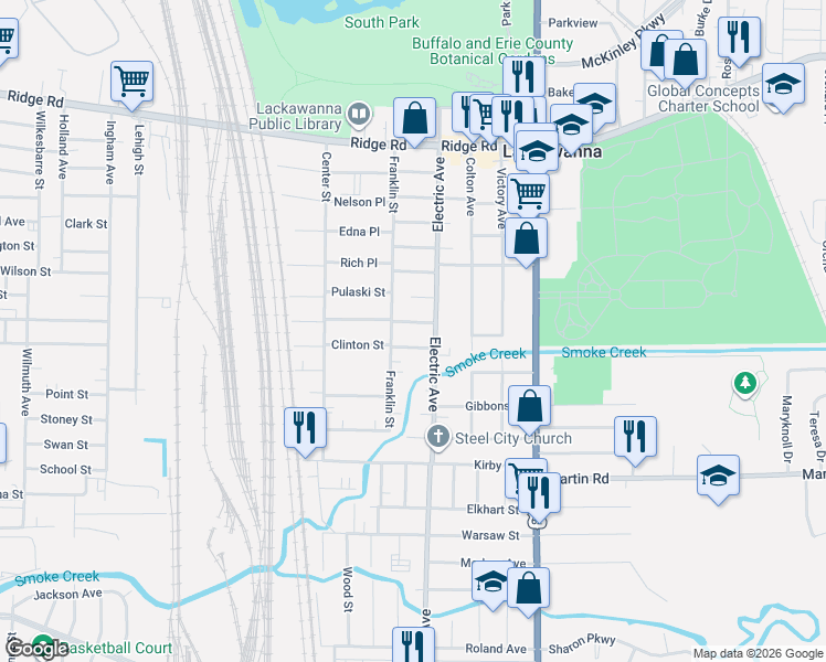 map of restaurants, bars, coffee shops, grocery stores, and more near 188 Franklin Street in Lackawanna