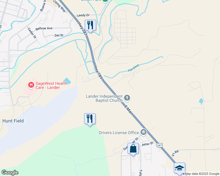 map of restaurants, bars, coffee shops, grocery stores, and more near 1104 East Main in Lander