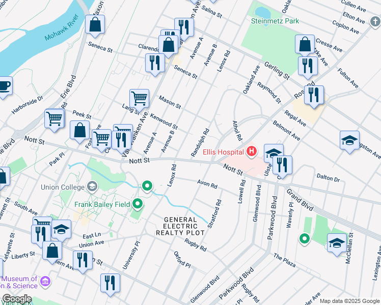 map of restaurants, bars, coffee shops, grocery stores, and more near 1531 Randolph Road in Schenectady