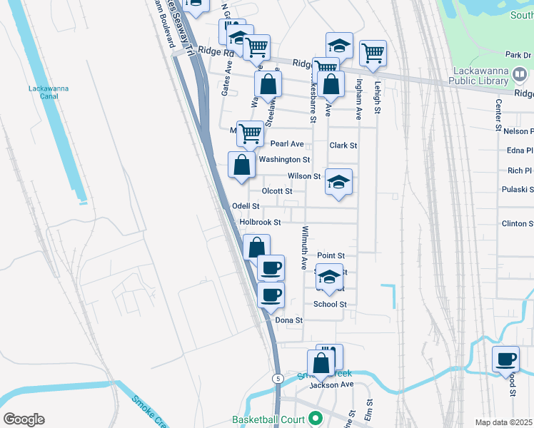 map of restaurants, bars, coffee shops, grocery stores, and more near 12 Woodyard Way in Lackawanna