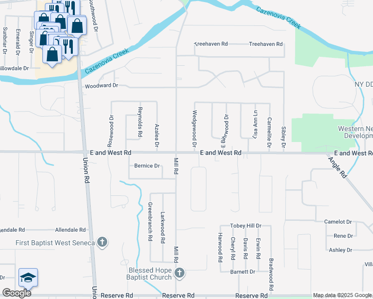 map of restaurants, bars, coffee shops, grocery stores, and more near 734 East and West Road in West Seneca