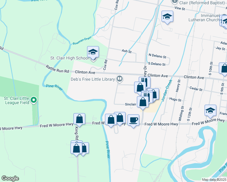 map of restaurants, bars, coffee shops, grocery stores, and more near 1000 Oakwood Lane in Saint Clair
