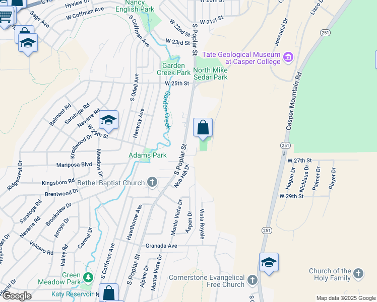 map of restaurants, bars, coffee shops, grocery stores, and more near 2837 South Poplar Street in Casper