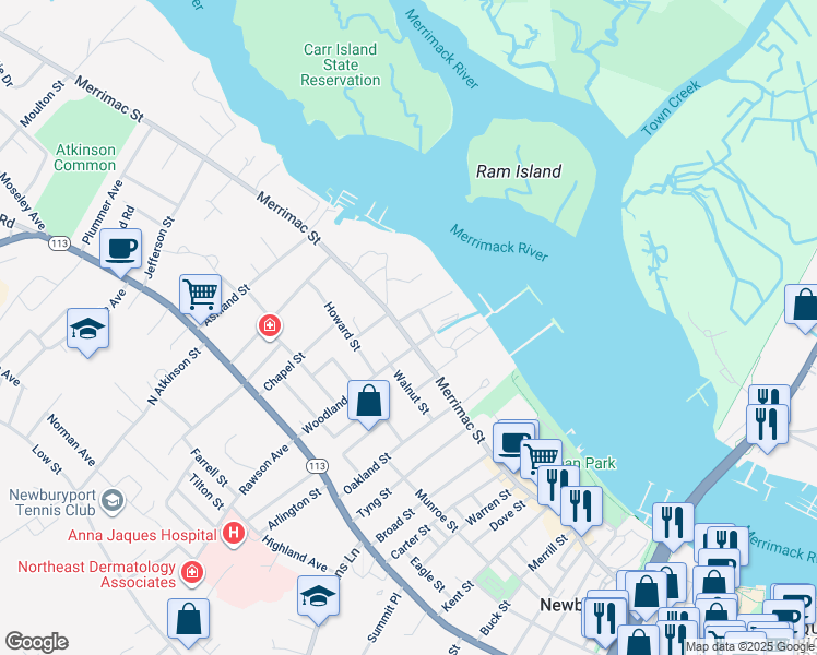 map of restaurants, bars, coffee shops, grocery stores, and more near 320 Merrimac Street in Newburyport