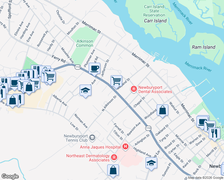 map of restaurants, bars, coffee shops, grocery stores, and more near 311 High Street in Newburyport
