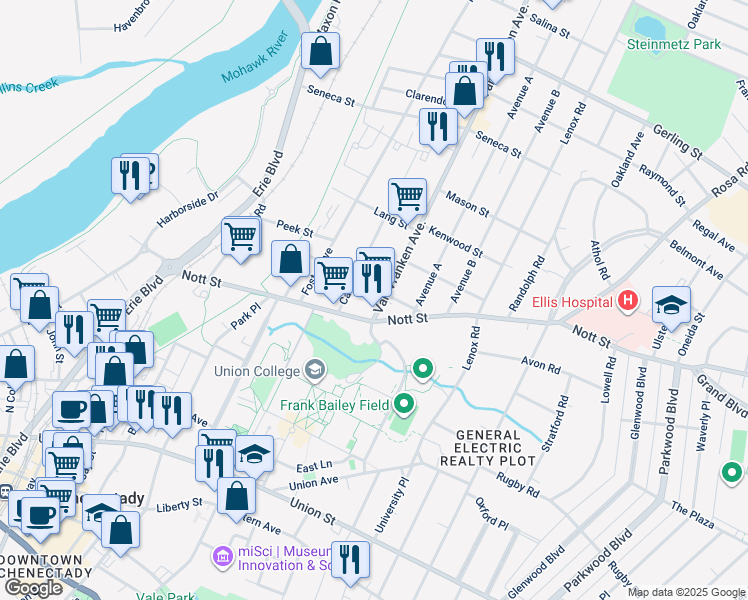 map of restaurants, bars, coffee shops, grocery stores, and more near in Schenectady