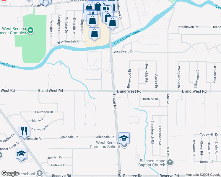 map of restaurants, bars, coffee shops, grocery stores, and more near 736 Union Road in West Seneca