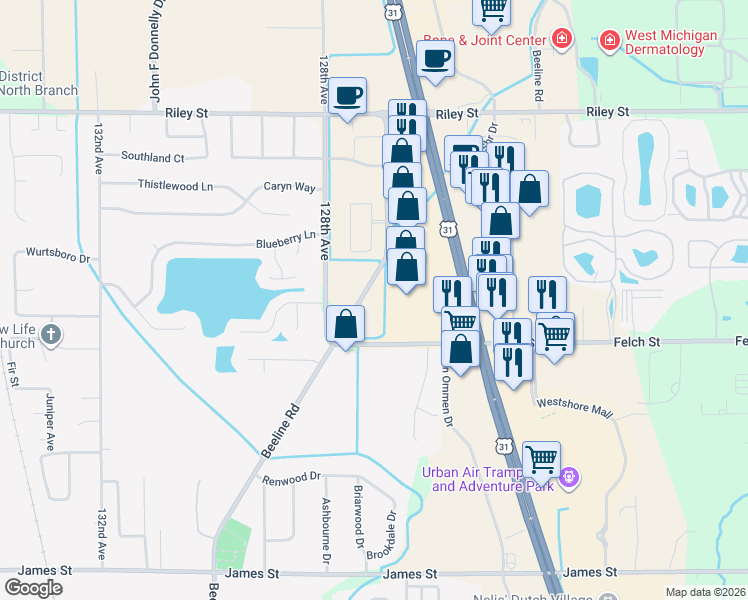 map of restaurants, bars, coffee shops, grocery stores, and more near 2926 Beeline Road in Holland