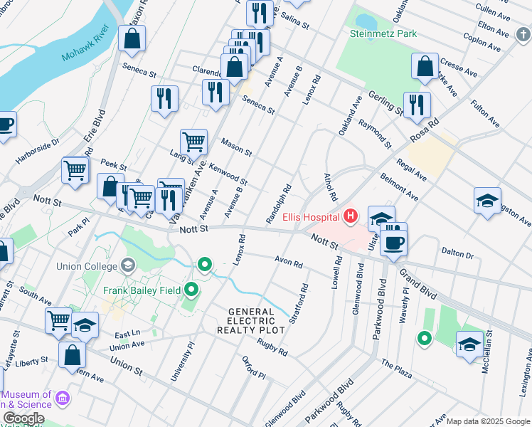 map of restaurants, bars, coffee shops, grocery stores, and more near 1531 Randolph Road in Schenectady