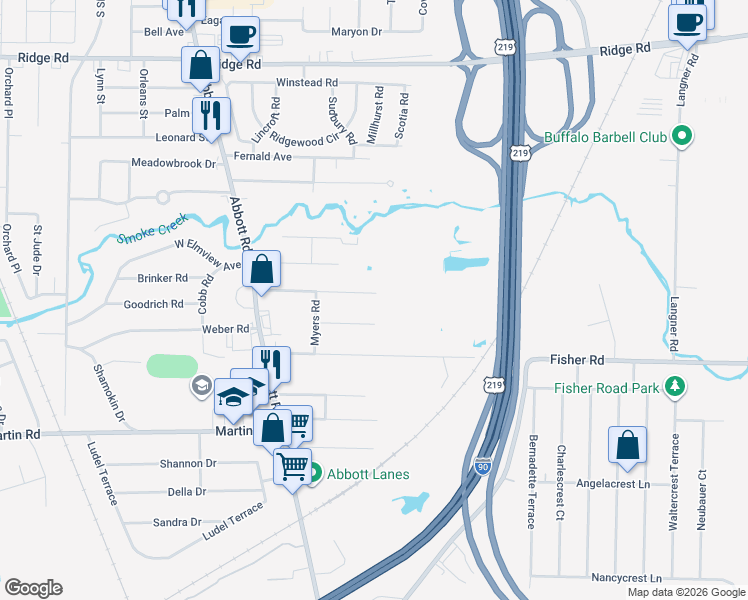map of restaurants, bars, coffee shops, grocery stores, and more near 133 Wiesner Road in West Seneca