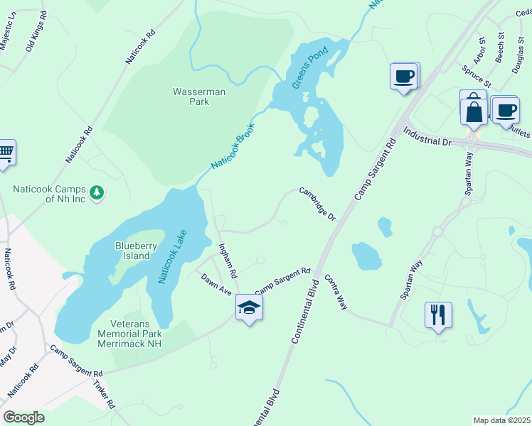 map of restaurants, bars, coffee shops, grocery stores, and more near 33 Cambridge Drive in Merrimack