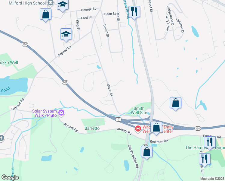 map of restaurants, bars, coffee shops, grocery stores, and more near 224 Union Street in Milford