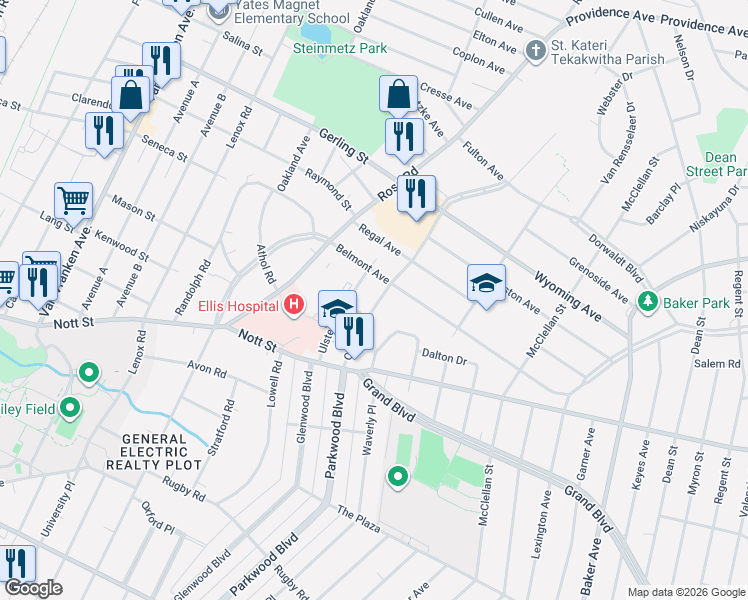 map of restaurants, bars, coffee shops, grocery stores, and more near 1737 Oneida Street in Schenectady