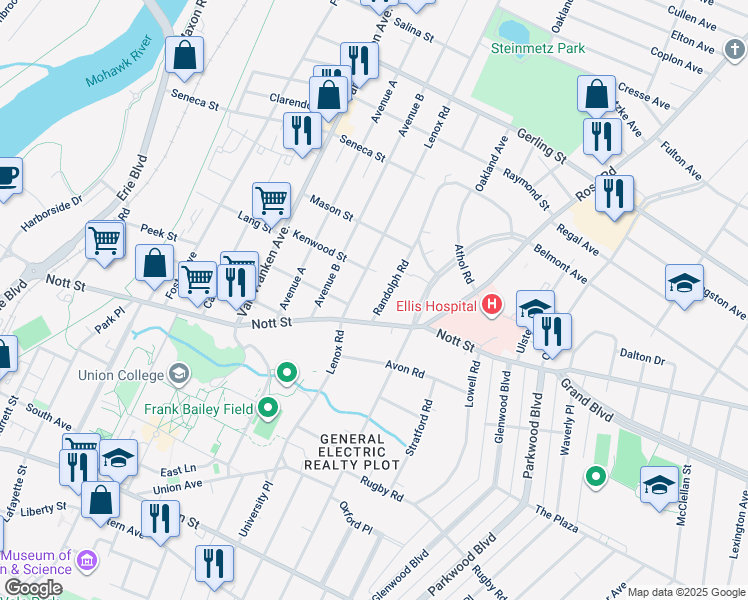 map of restaurants, bars, coffee shops, grocery stores, and more near 1531 Randolph Road in Schenectady