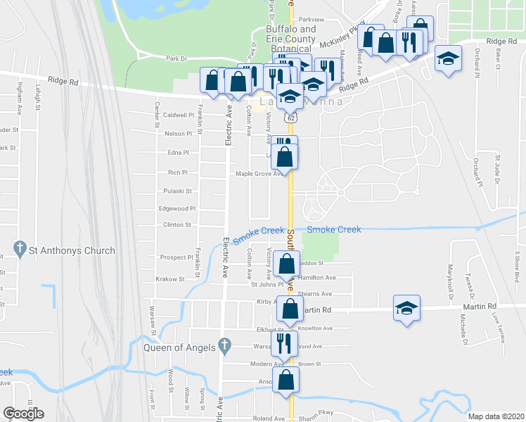map of restaurants, bars, coffee shops, grocery stores, and more near 196 Victory Avenue in Lackawanna