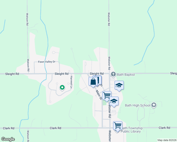 map of restaurants, bars, coffee shops, grocery stores, and more near 5631 Sleight Road in Bath Township