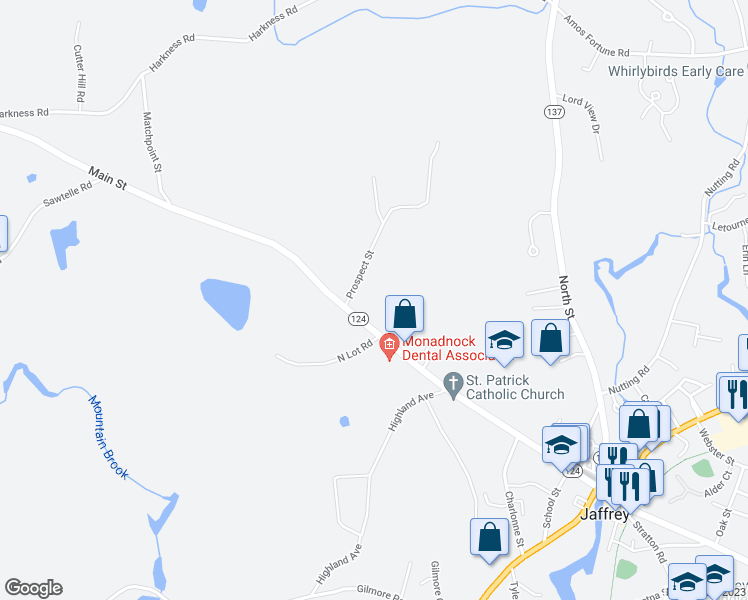 map of restaurants, bars, coffee shops, grocery stores, and more near 146 Main Street in Jaffrey