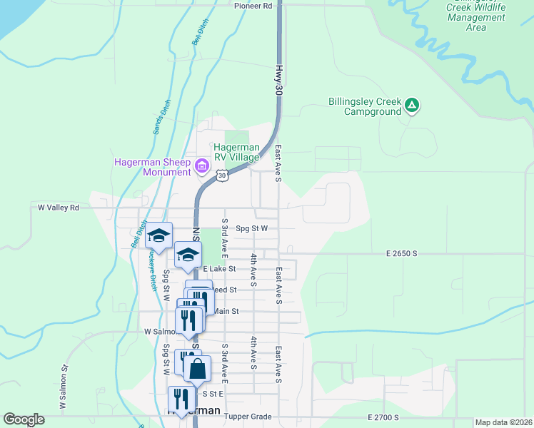 map of restaurants, bars, coffee shops, grocery stores, and more near 331 North Avenue East in Hagerman