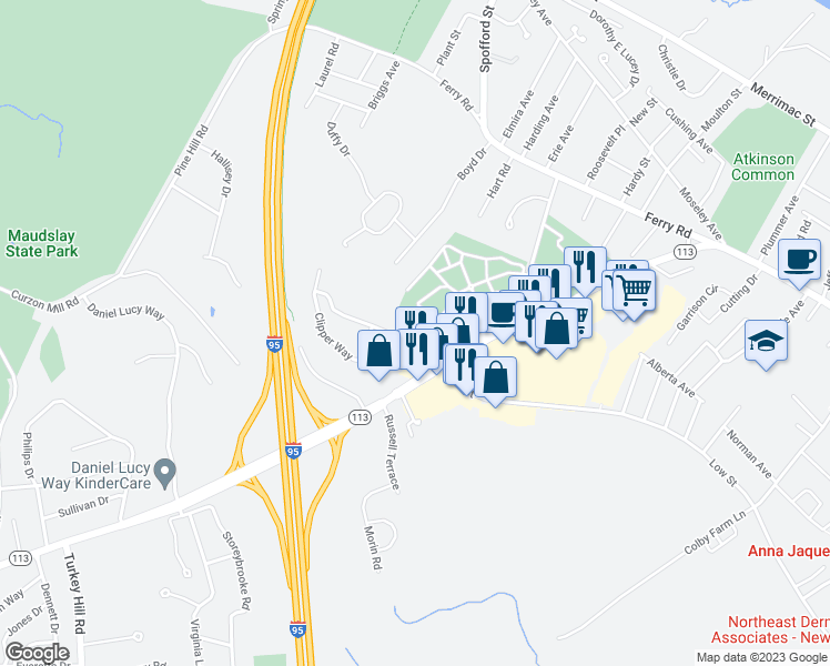 map of restaurants, bars, coffee shops, grocery stores, and more near 5 Woodman Way in Newburyport