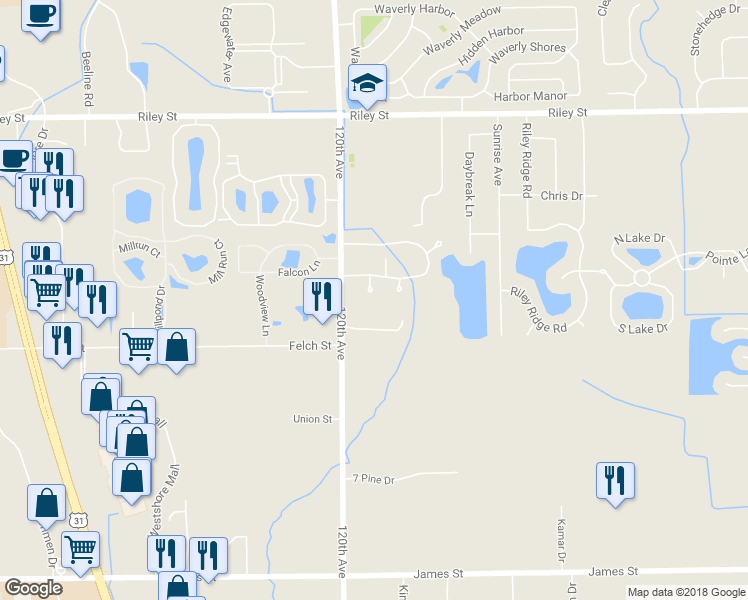 map of restaurants, bars, coffee shops, grocery stores, and more near 2938 Willow View Way in Holland