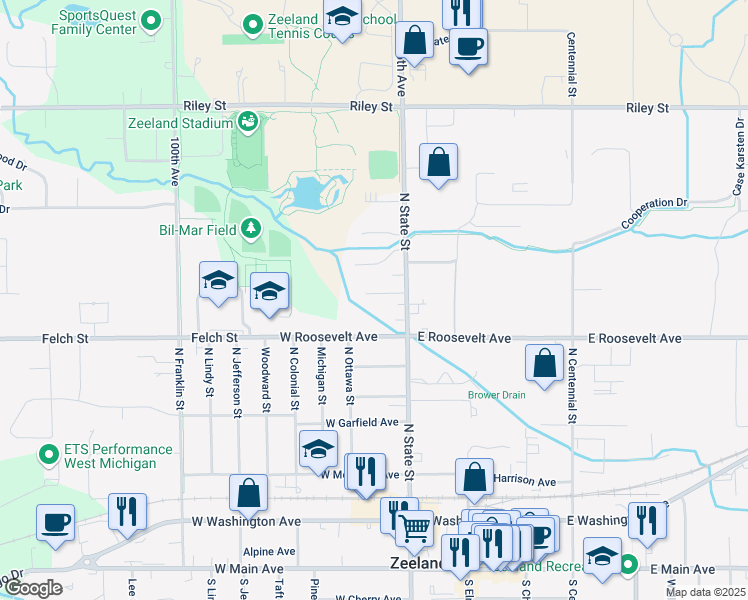 map of restaurants, bars, coffee shops, grocery stores, and more near 9656 Little Creek Court in Zeeland