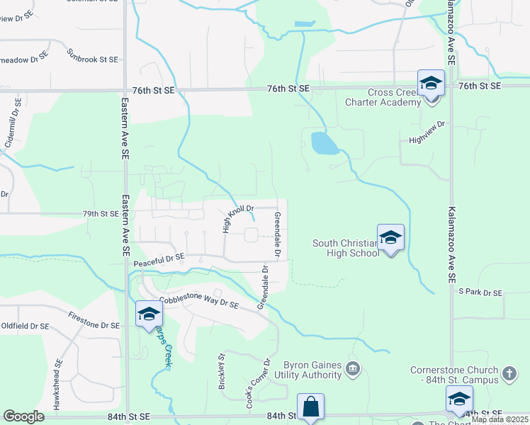 map of restaurants, bars, coffee shops, grocery stores, and more near 7820 High Knoll Drive in Byron Center