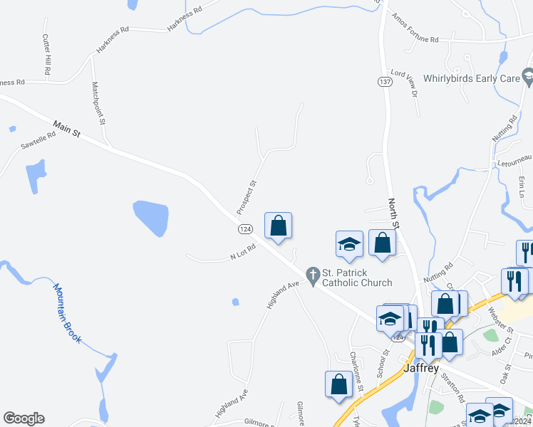 map of restaurants, bars, coffee shops, grocery stores, and more near 146 Main Street in Jaffrey